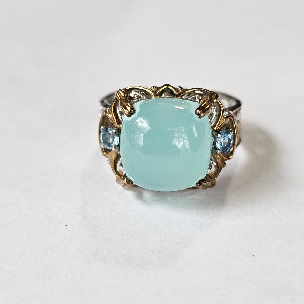 Genuine Gems en Vogue Cushion Chalcedony & Swiss Blue Topaz Ring Sz 8! - Picture 5 of 6